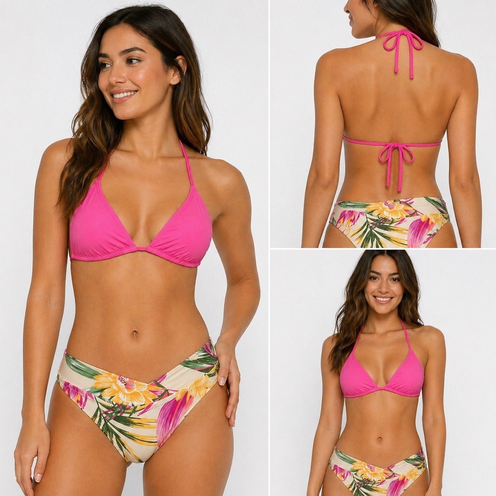 Freshwater Womens Tropical Floral Bikini Bottom V Front Ivory Pink S FA21SB34RP - Picture 8 of 9